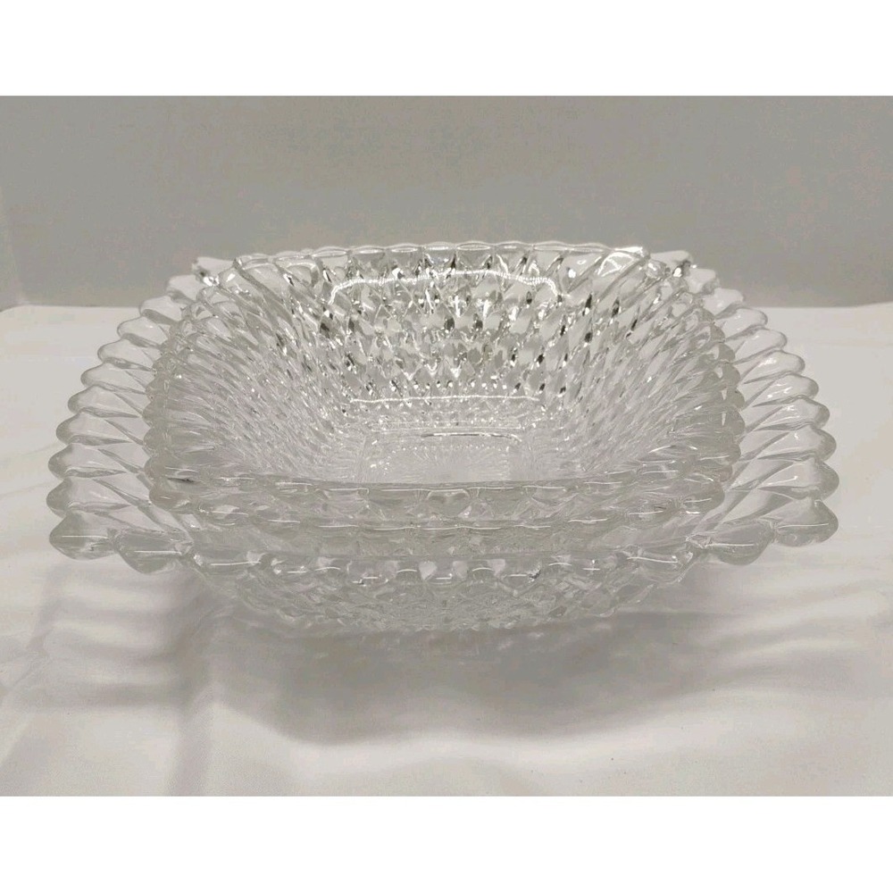 Vtg Lot 3 Indiana Glass Diamond Point Square Candy Serving Dish 8" And (2) 6"